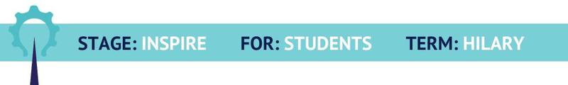A blue banner with lightbulb cog graphic and the words stage:inspire, for: students, term: hilary